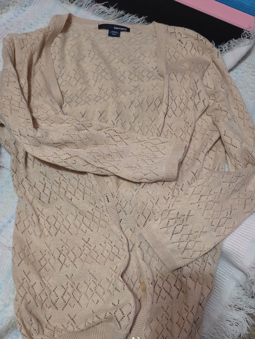 Basic Editions Beige Open-Knit Cardigan, Size Small